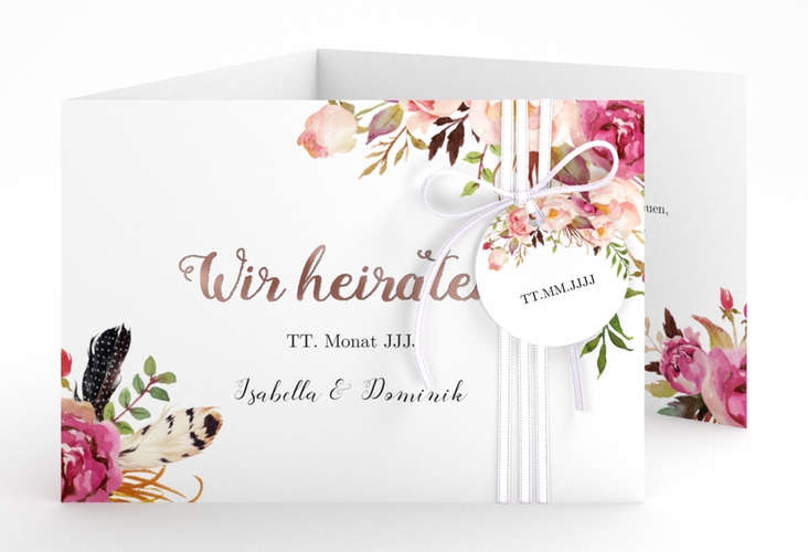 Hochzeitseinladung Flowers A6 Doppel-Klappkarte weiss rosegold mit bunten Aquarell-Blumen