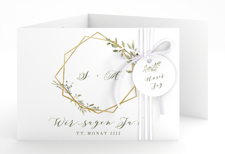 Hochzeitseinladung Acacia A6 Doppel-Klappkarte weiss gold