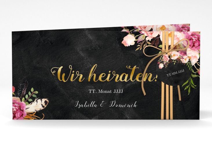 Hochzeitseinladung Flowers lange Klappkarte quer schwarz gold mit bunten Aquarell-Blumen