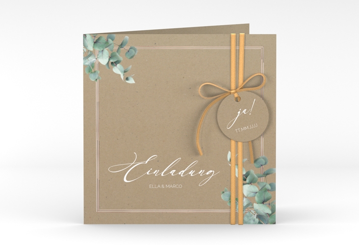 Hochzeitseinladung Eucalypt quadr. Klappkarte Kraftpapier rosegold mit Eukalyptus und edlem Rahmen
