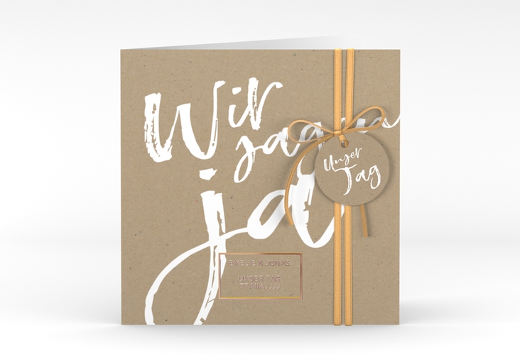 Hochzeitseinladung Words quadr. Klappkarte Kraftpapier rosegold modern mit Brush-Schrift