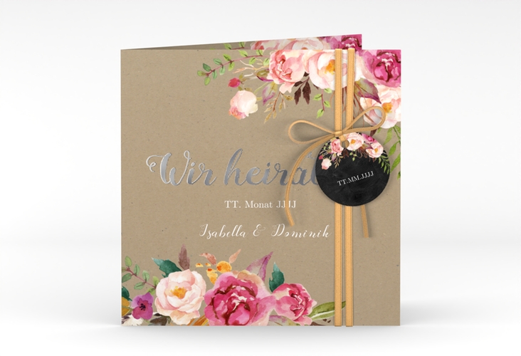 Hochzeitseinladung Flowers quadr. Klappkarte Kraftpapier silber mit bunten Aquarell-Blumen