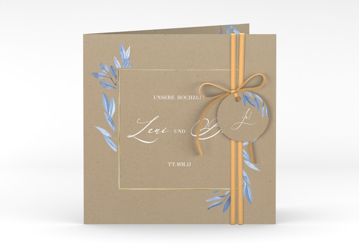 Hochzeitseinladung Classicblue quadr. Klappkarte Kraftpapier gold