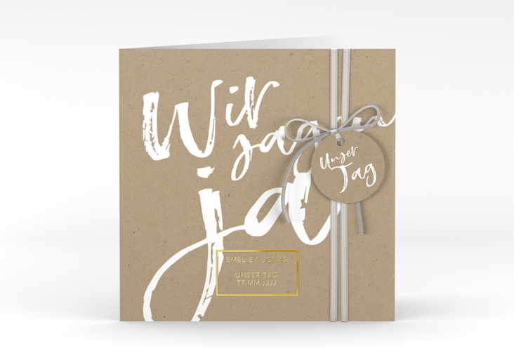 Hochzeitseinladung Words quadr. Klappkarte Kraftpapier gold modern mit Brush-Schrift