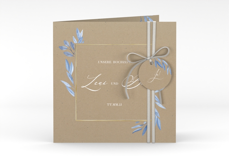 Hochzeitseinladung Classicblue quadr. Klappkarte Kraftpapier gold