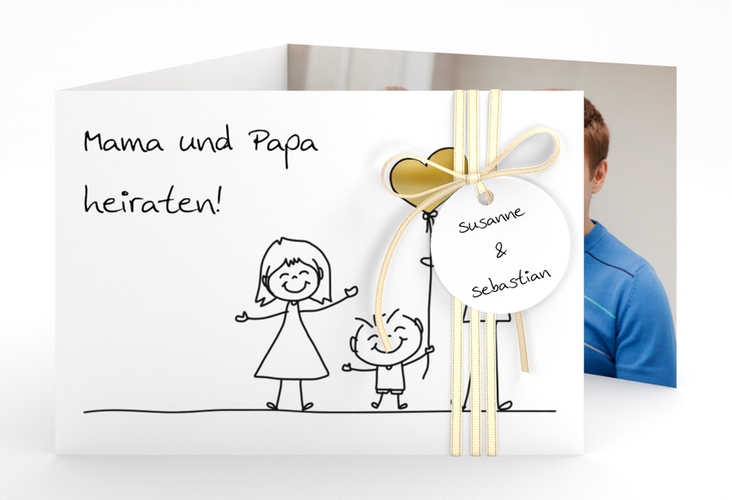 Hochzeitseinladung Family A6 Doppel-Klappkarte weiss gold