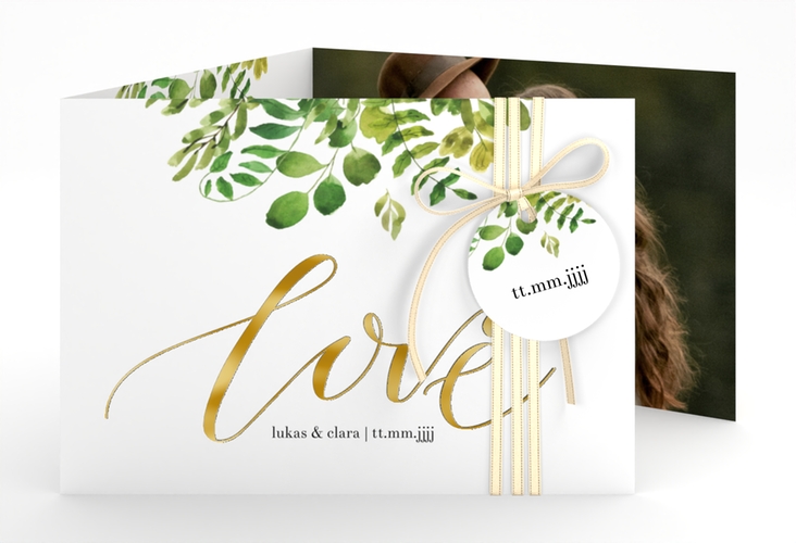 Hochzeitseinladung Botany A6 Doppel-Klappkarte weiss gold