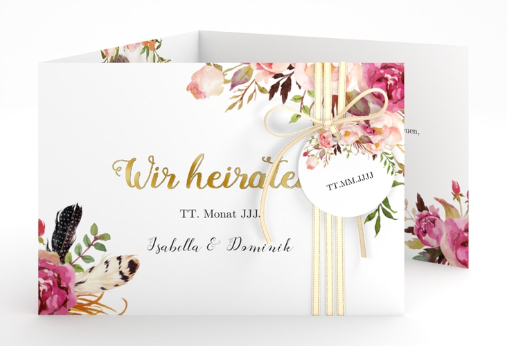 Hochzeitseinladung Flowers A6 Doppel-Klappkarte weiss gold mit bunten Aquarell-Blumen