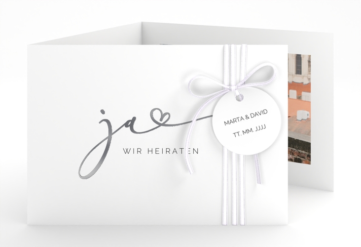 Hochzeitseinladung Jawort A6 Doppel-Klappkarte weiss silber modern minimalistisch mit veredelter Aufschrift