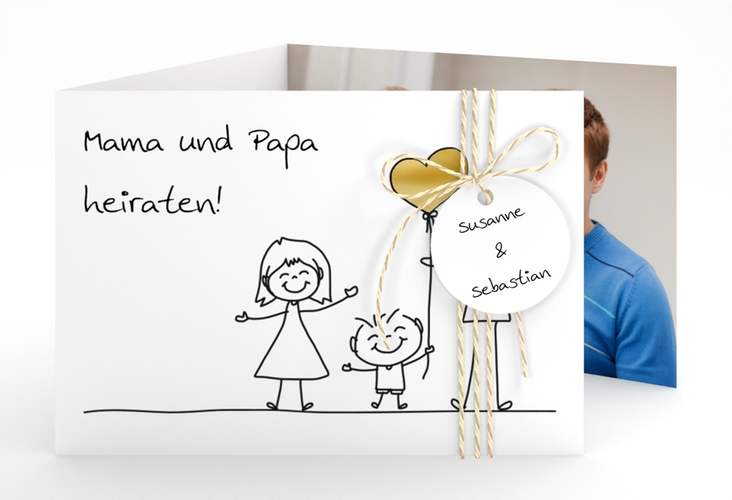 Hochzeitseinladung Family A6 Doppel-Klappkarte weiss gold