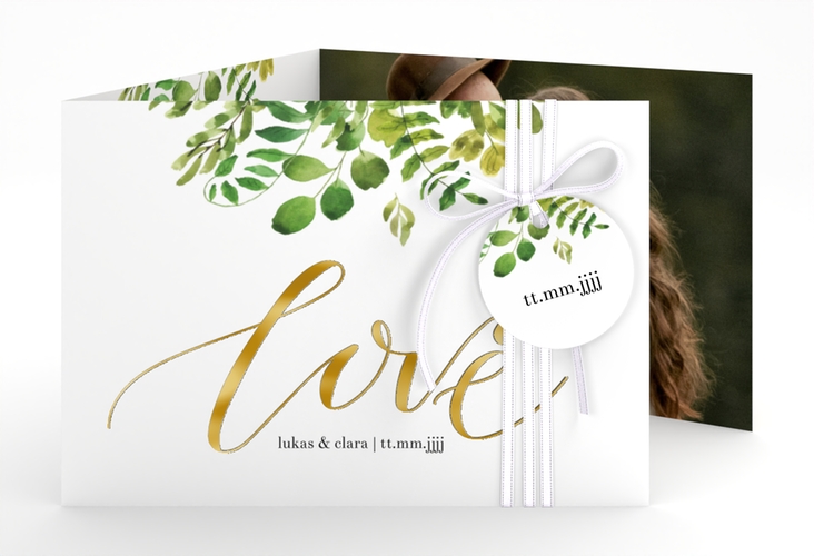 Hochzeitseinladung Botany A6 Doppel-Klappkarte weiss gold