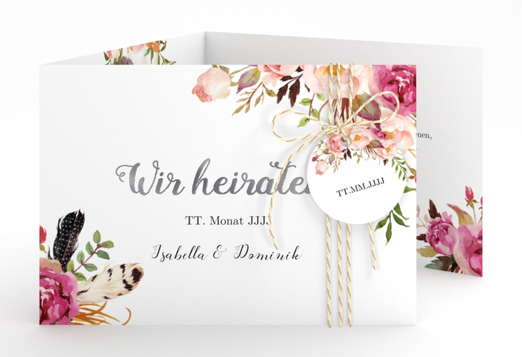 Hochzeitseinladung Flowers A6 Doppel-Klappkarte weiss silber mit bunten Aquarell-Blumen