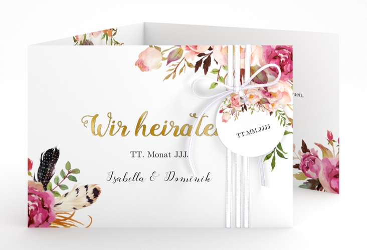 Hochzeitseinladung Flowers A6 Doppel-Klappkarte weiss gold mit bunten Aquarell-Blumen