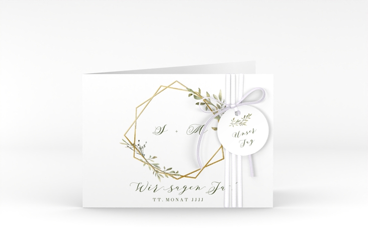 Hochzeitseinladung Acacia A6 Klappkarte quer weiss gold