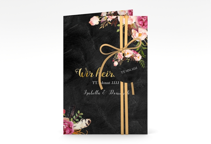 Einladungskarte Hochzeit Flowers A6 Klappkarte hoch schwarz gold mit bunten Aquarell-Blumen