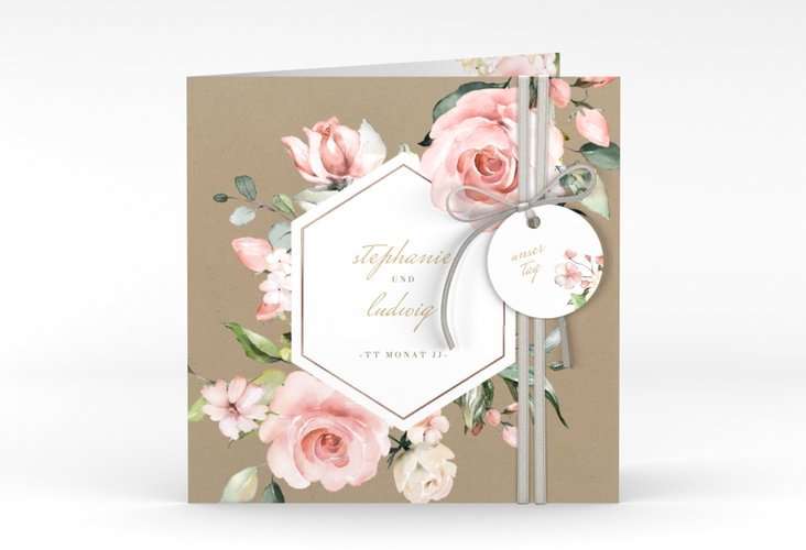 Hochzeitseinladung Graceful quadr. Klappkarte Kraftpapier rosegold mit Rosenblüten in Rosa und Weiß