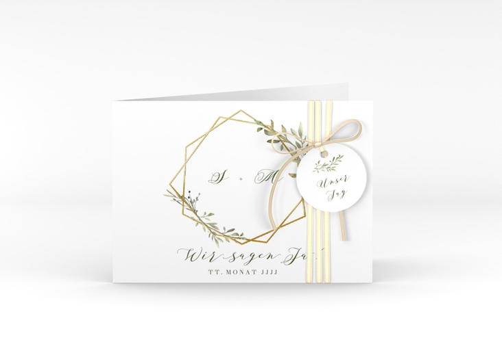 Hochzeitseinladung Acacia A6 Klappkarte quer weiss gold