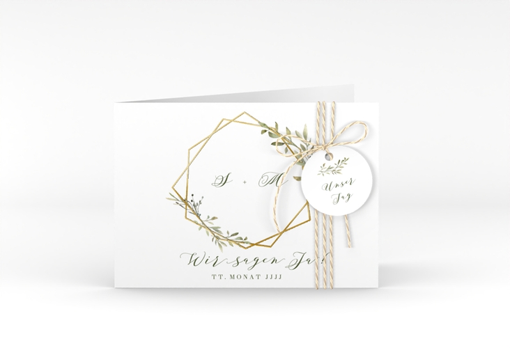 Hochzeitseinladung Acacia A6 Klappkarte quer weiss gold