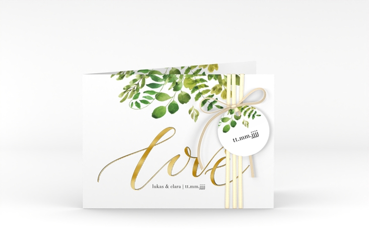 Hochzeitseinladung Botany A6 Klappkarte quer weiss gold