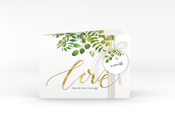 Hochzeitseinladung Botany A6 Klappkarte quer weiss gold