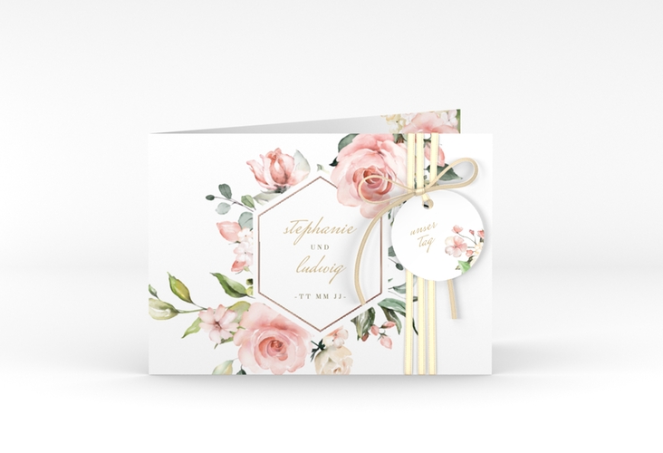 Einladung Hochzeit Graceful A6 Klappkarte quer weiss rosegold mit Rosenblüten in Rosa und Weiß