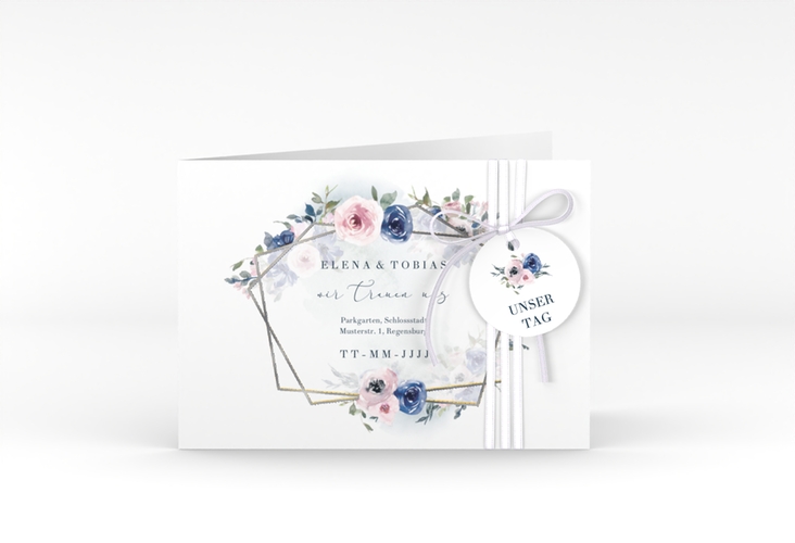 Hochzeitseinladung Dustyblue A6 Klappkarte quer weiss silber