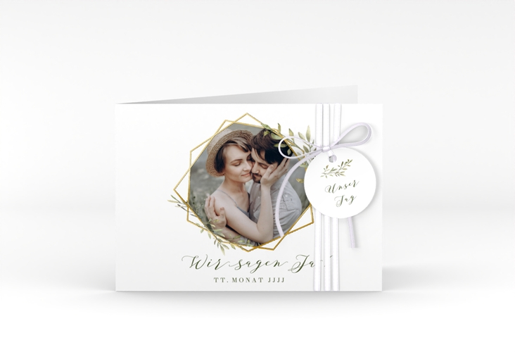 Hochzeitseinladung Acacia A6 Klappkarte quer weiss gold