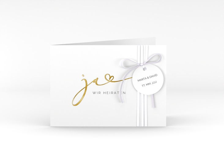 Hochzeitseinladung Jawort A6 Klappkarte quer weiss gold modern minimalistisch mit veredelter Aufschrift