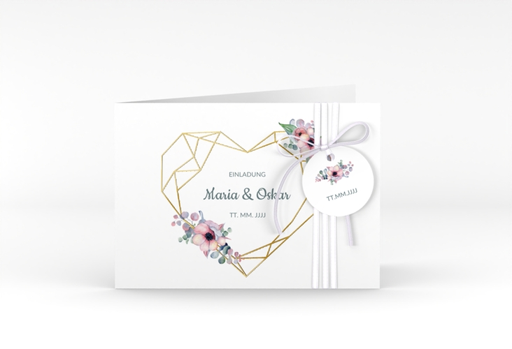Hochzeitseinladung Herzgold A6 Klappkarte quer weiss gold