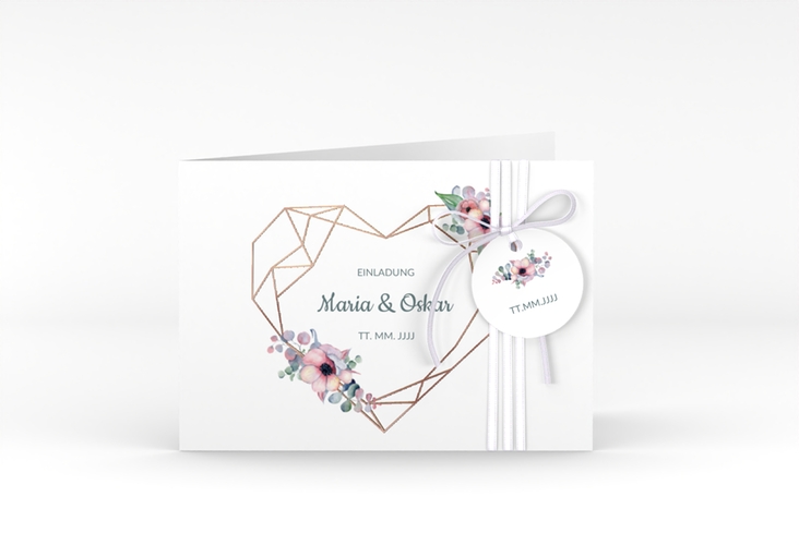 Hochzeitseinladung Herzgold A6 Klappkarte quer weiss rosegold