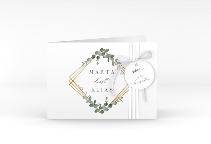 Hochzeitseinladung Eukalyptus A6 Klappkarte quer weiss gold