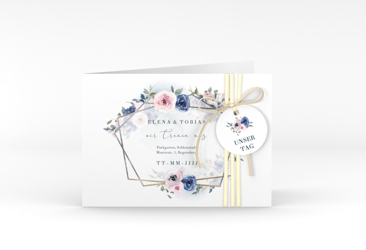 Hochzeitseinladung Dustyblue A6 Klappkarte quer weiss silber