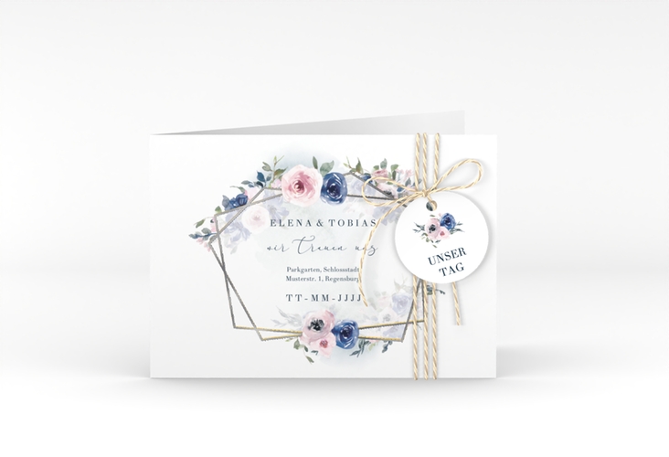 Hochzeitseinladung Dustyblue A6 Klappkarte quer weiss silber