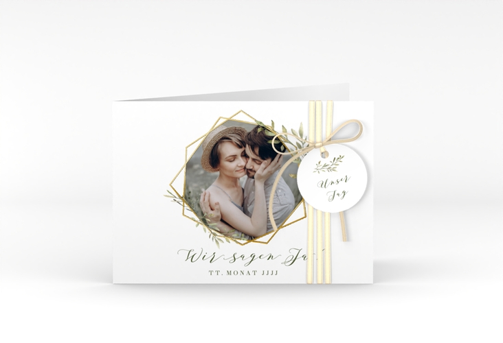 Hochzeitseinladung Acacia A6 Klappkarte quer weiss gold
