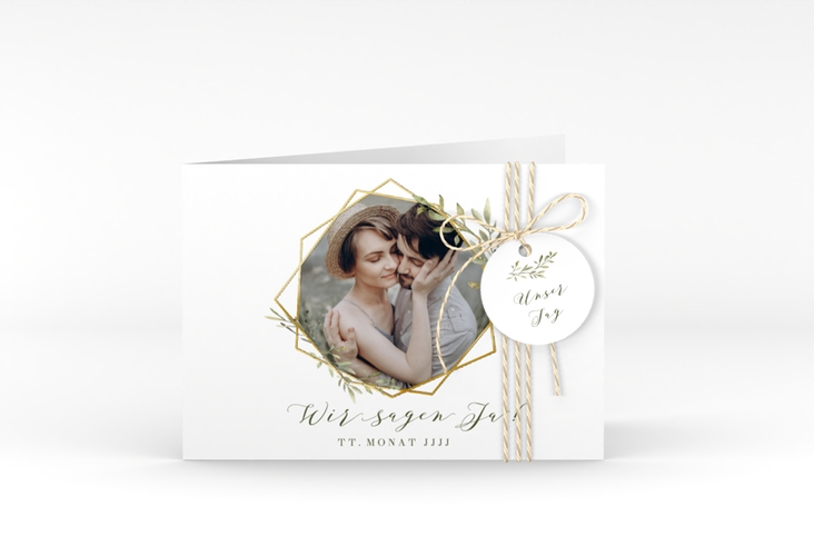 Hochzeitseinladung Acacia A6 Klappkarte quer weiss gold