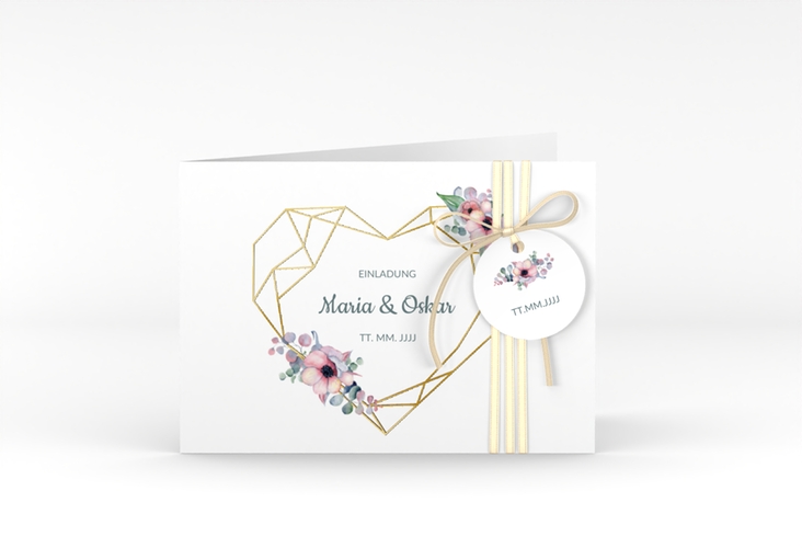 Hochzeitseinladung Herzgold A6 Klappkarte quer weiss gold