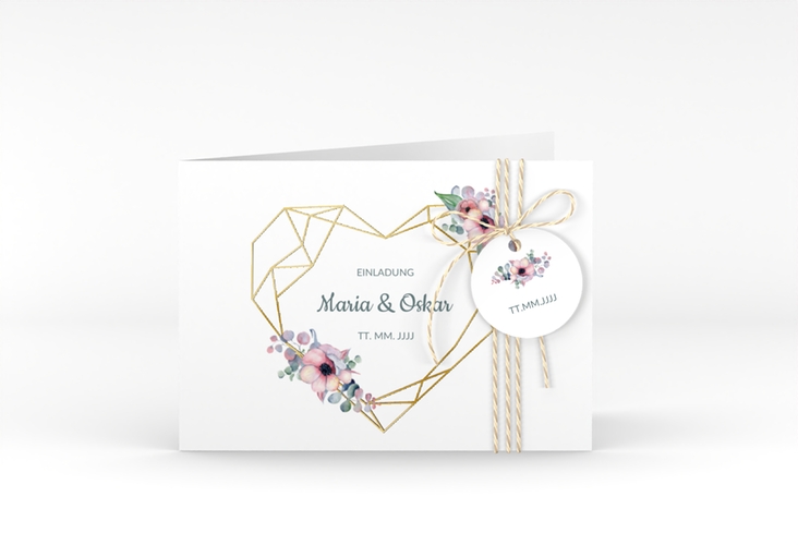 Hochzeitseinladung Herzgold A6 Klappkarte quer weiss gold