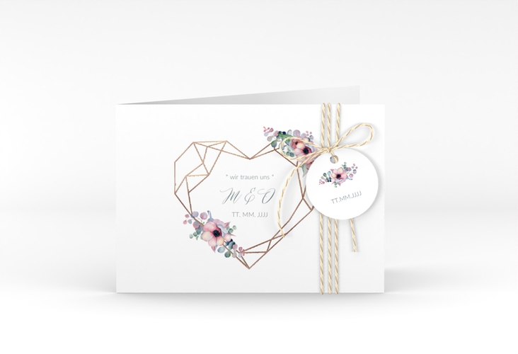 Hochzeitseinladung Herzgold A6 Klappkarte quer weiss rosegold