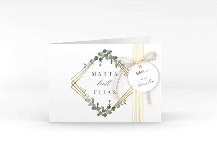 Hochzeitseinladung Eukalyptus A6 Klappkarte quer weiss gold