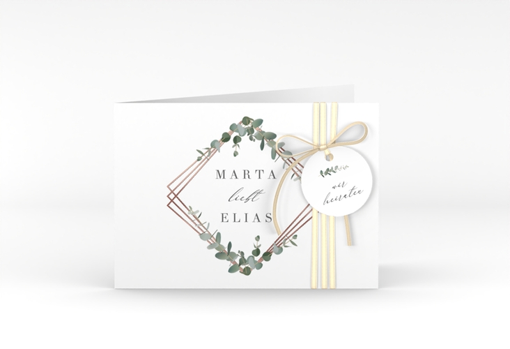 Hochzeitseinladung Eukalyptus A6 Klappkarte quer weiss rosegold