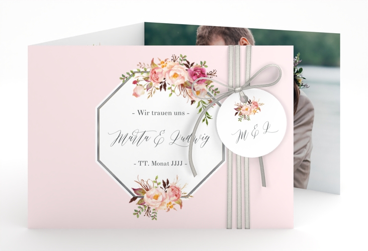 Hochzeitseinladung Prachtvoll A6 Doppel-Klappkarte rosa silber