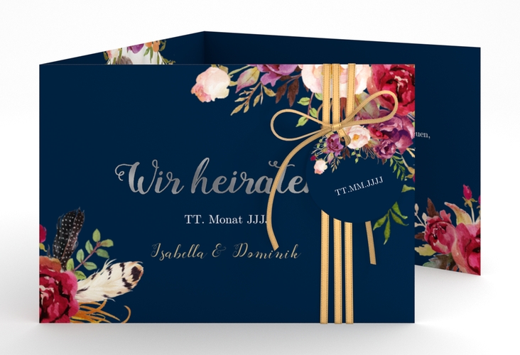 Hochzeitseinladung Flowers A6 Doppel-Klappkarte blau silber mit bunten Aquarell-Blumen