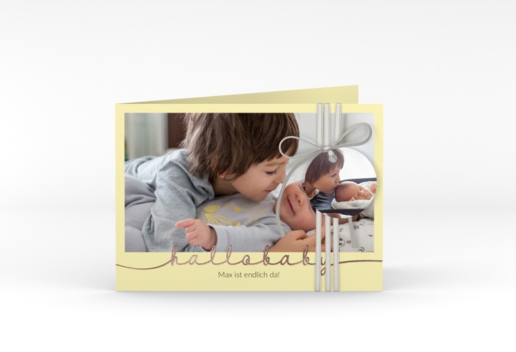 Geburtskarte Newborn A6 Klappkarte quer gelb rosegold