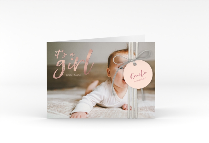 Geburtskarte Girl A6 Klappkarte quer rosa rosegold