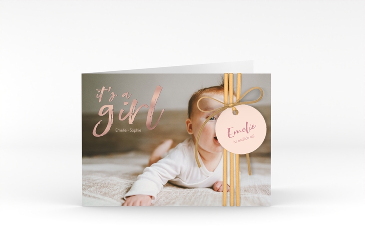 Geburtskarte Girl A6 Klappkarte quer rosa rosegold