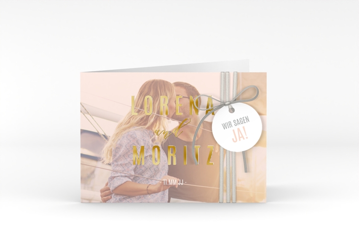 Hochzeitseinladung Memory A6 Klappkarte quer rosa gold