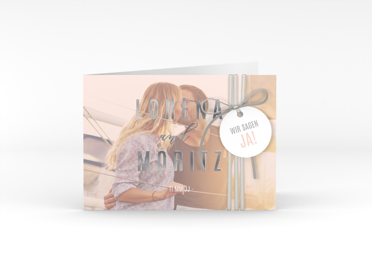 Hochzeitseinladung Memory A6 Klappkarte quer rosa silber