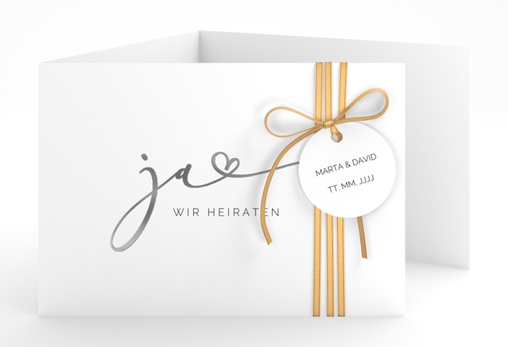 Hochzeitseinladung Jawort A6 Doppel-Klappkarte weiss silber modern minimalistisch mit veredelter Aufschrift