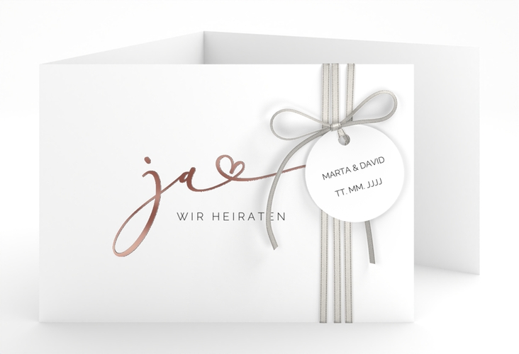 Hochzeitseinladung Jawort A6 Doppel-Klappkarte weiss rosegold modern minimalistisch mit veredelter Aufschrift