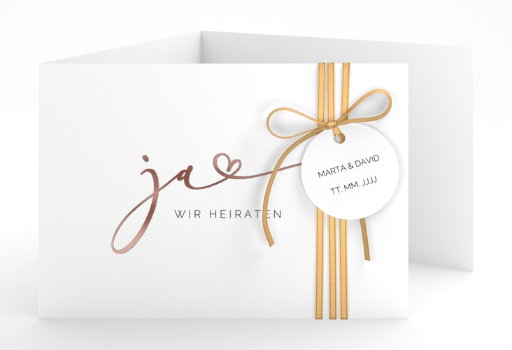 Hochzeitseinladung Jawort A6 Doppel-Klappkarte weiss rosegold modern minimalistisch mit veredelter Aufschrift